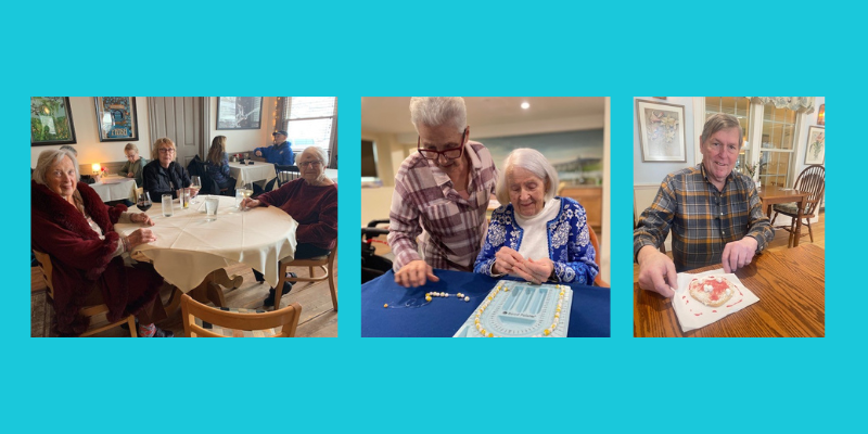 Three photos - first three women at a dining table. Second - two women crafting with beads. Third