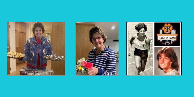Three images of same woman - first holding brownies, then with flowers and then younger running