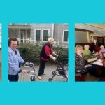 Three images - first of older woman with easter basket, second of two women walking with walkers - third of group of people sitting around dining room table at restaurant.