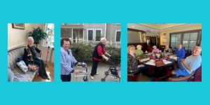 Three images - first of two women walking with walkers - second of group of people sitting around dining room table at restaurant