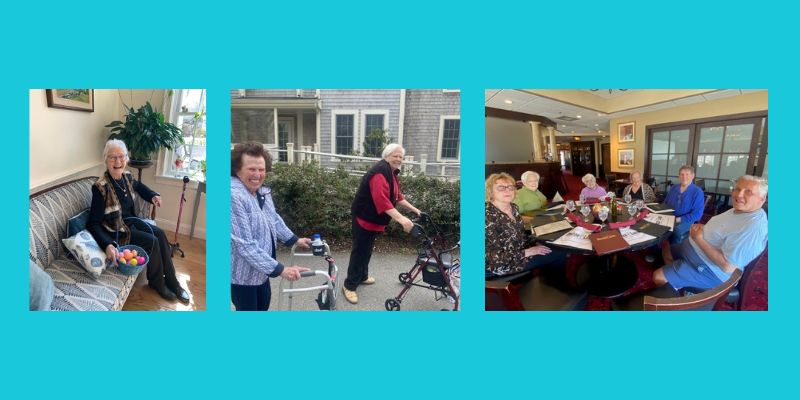 Three images - first of older woman with easter basket, second of two women walking with walkers - third of group of people sitting around dining room table at restaurant.