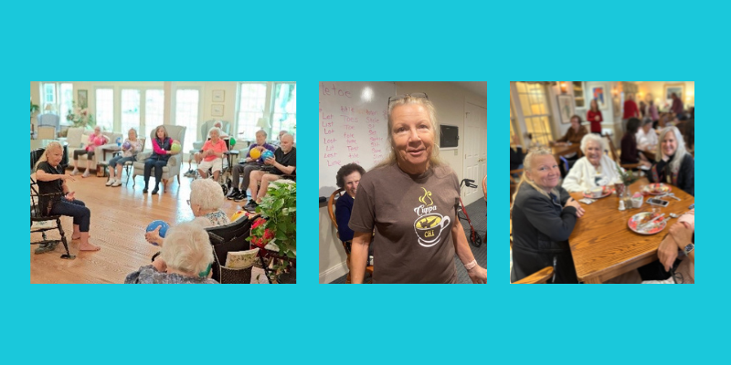 Images of woman teaching tai chi and seated at table with friends