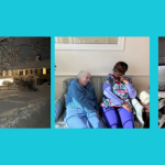 3 images - house in the snow, older woman and cna pictured smiing and thrid photo chef in a kitchen