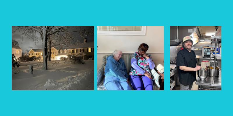 3 images - house in the snow, older woman and cna pictured smiing and thrid photo chef in a kitchen